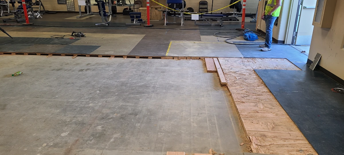 Flooring demolition in progress inside Fitness Center at Fairchild Airforce Base, WA.