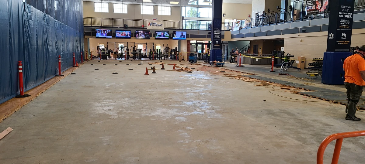 Flooring demolition inside Fitness Center at Fairchild Airforce Base, WA.